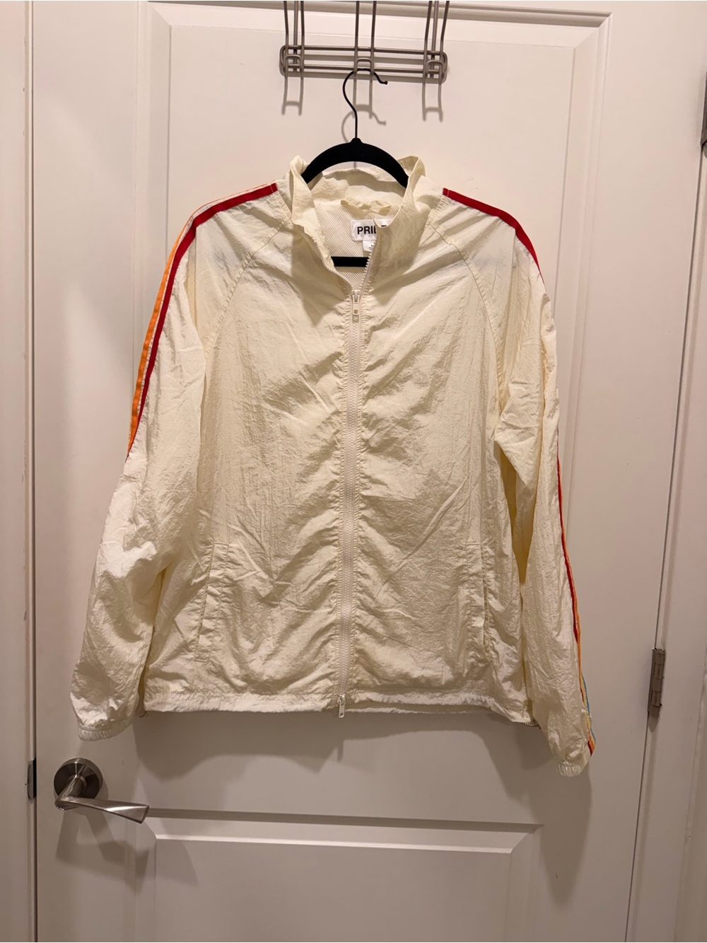 PRIDE Windbreaker Jacket
Size M Ivory Rainbow Stripe
Full Zip Mesh Lined